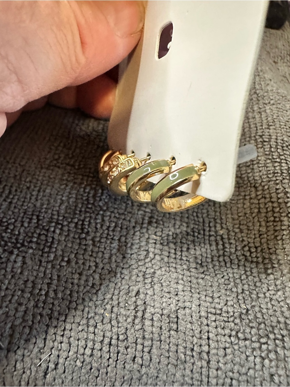 Hem Gold Hoop Earring Trio with Green Enamel and Crystal Details - Picture 2 of 2